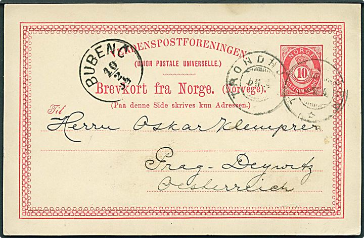 10 øre Posthorn helsagsbrevkort fra Trondhjem d. 6.2.1894 til Prag, Østrig. 