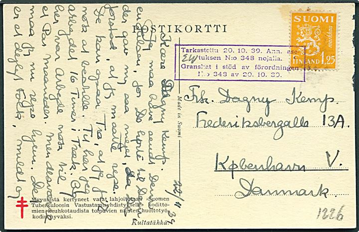 1,25 mk. Løve på brevkort dateret d. 22.11.1939 annulleret med censurstempel til København, Danmark.