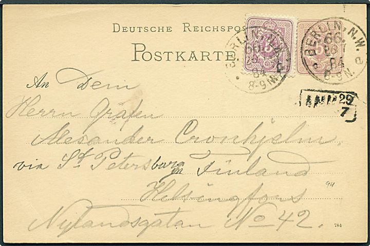 5 pfg. helsagsbrevkort opfrankeret med 5 pfg. fra Berlin d. 26.7.1884 til Helsingfors, Finland.