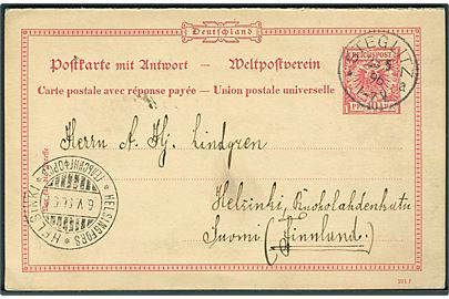 10 pfg. dobbelt helsagsbrevkort fra Steglitz d. 23.5.1896 til Helsinki, Finland. Vedhængende ubenyttet svardel.