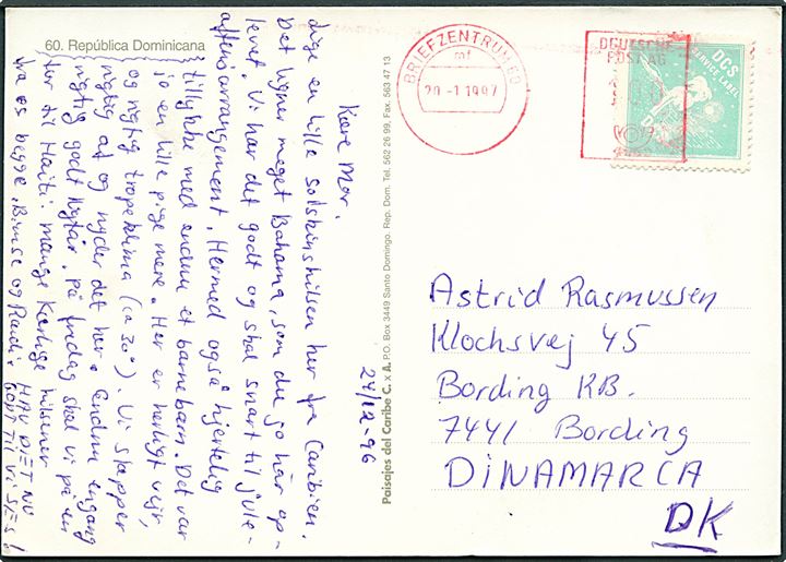 DCS Service Label (turistporto) på brevkort fra den Dominikanske Republik dateret d. 24.12.1996 med tysk 100 pfg. frankostempel fra Briefzentrum 60 d. 20.1.1997 til Bording, Danmark.