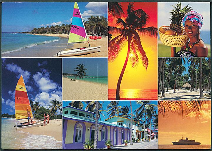 DCS Service Label (turistporto) på brevkort fra den Dominikanske Republik dateret d. 24.12.1996 med tysk 100 pfg. frankostempel fra Briefzentrum 60 d. 20.1.1997 til Bording, Danmark.