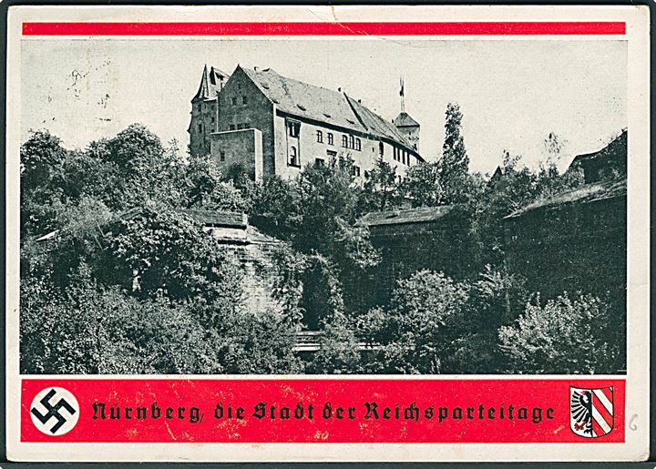 6 pfg. Reichsparteitag på propaganda-kort annulleret med ovalt særstempel Marschstaffel zum Reichsparteitag der NSDAP / Dresden-Hof-Nürnberg / Marschpost d. 12.9.1936 til Leipzig.