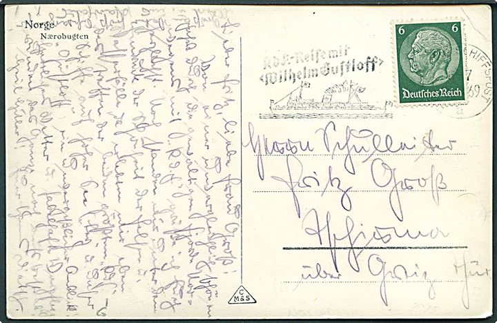 6 pfg. Hindenburg på brevkort fra Nærobugten, Norge annulleret med tysk skibsstempel KdF.-Reise mit Wilhelm Gustoff/Deutsche Schiffspost d. 6.7.1939 til Tyskland.