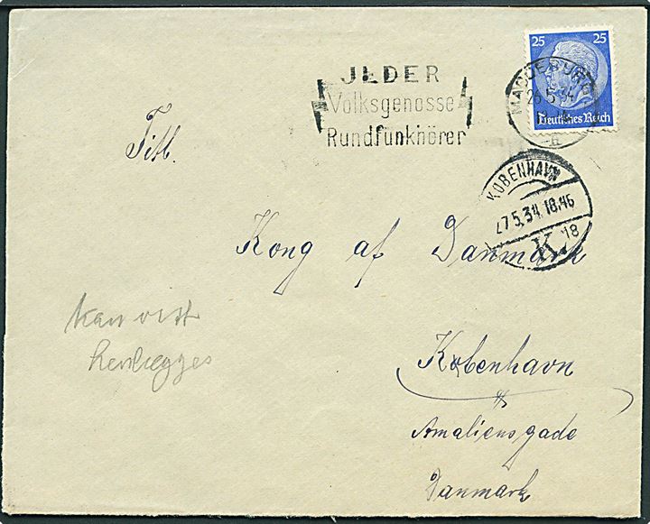 25 pfg. Hindenburg på brev fra Magdeburg d. 26.5.1934 til Kongen af Danmark, København, Danmark. Påskrevet Kan vist henlægges.