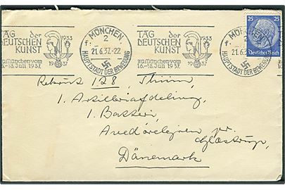 25 pfg. Hindenburg på brev fra München d. 21.6.1937 til dansk militæradresse i Avedørelejren pr. Glostrup.