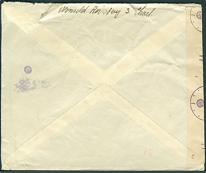 40 øre Vitus Bering på brev fra København d. 15.11.1943 til St. Cloud, Frankrig. Åbnet af tysk censur i Hamburg.