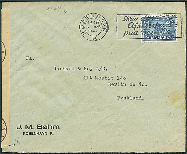40 øre Vitus Bering på brev fra København d. 6.3.1942 til Berlin, Tyskland. Åbnet af tysk censur i Berlin.