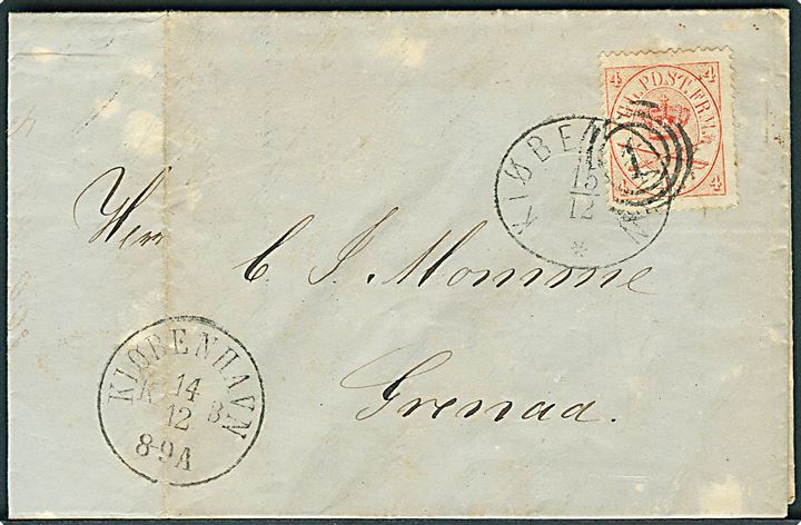 4 sk. Krone/Scepter på brev fra Kiøbenhavn d. 14.12.1865 til Grenaa. Skjoldet.