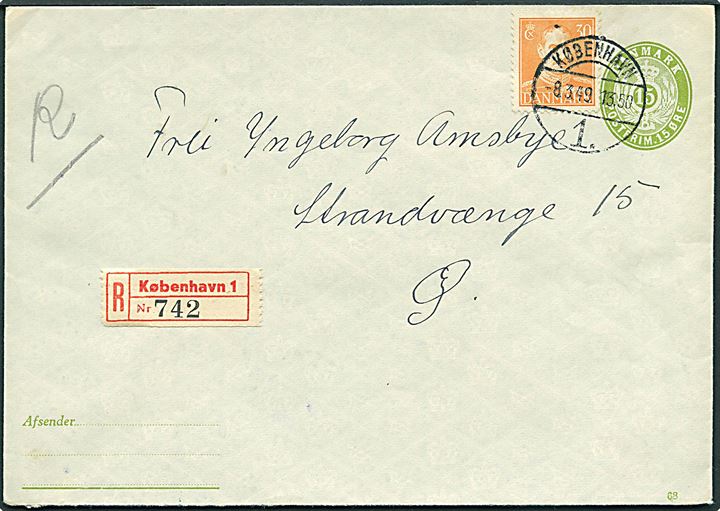 15 øre helsagskuvert (fabr. 68) opfrankeret med 30 øre Chr. X sendt som lokalt anbefalet brev i København d. 8.3.1949.