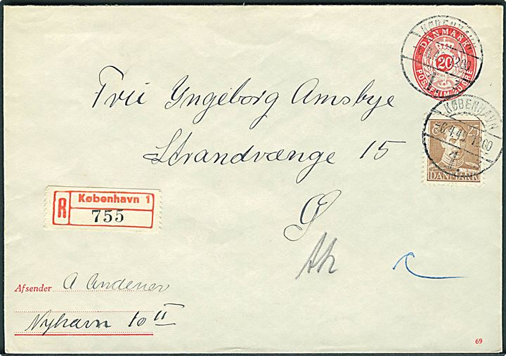 20 øre helsagskuvert (Fabr. 69) opfrankeret med 25 øre Chr. X sendt som lokal anbefalet brev i København d. 6.4.1949.