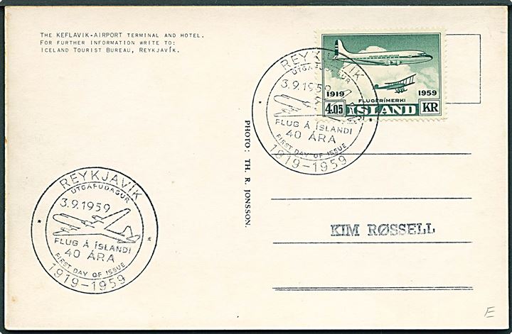 Keflavik lufthavn med BOAC Lockheed Constellation maskine. Frankeret med 4,05 kr. Luftfart jubilæum annulleret med FDC stempel i Reykjavik d. 3.9.1959.