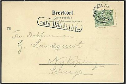 5 øre grøn våbentype på postkort fra Helsingør d. 5.4.1904 til Nykjöping. Sverige. Från Danmark skibsstempel.