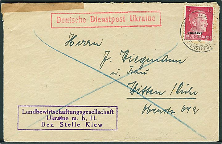 12 pfg. Hitler Ukraine provisorium stemplet Kiew Deutsche Dienstpost Ukraine d. 17.10.1942 til Witten, Tyskland.