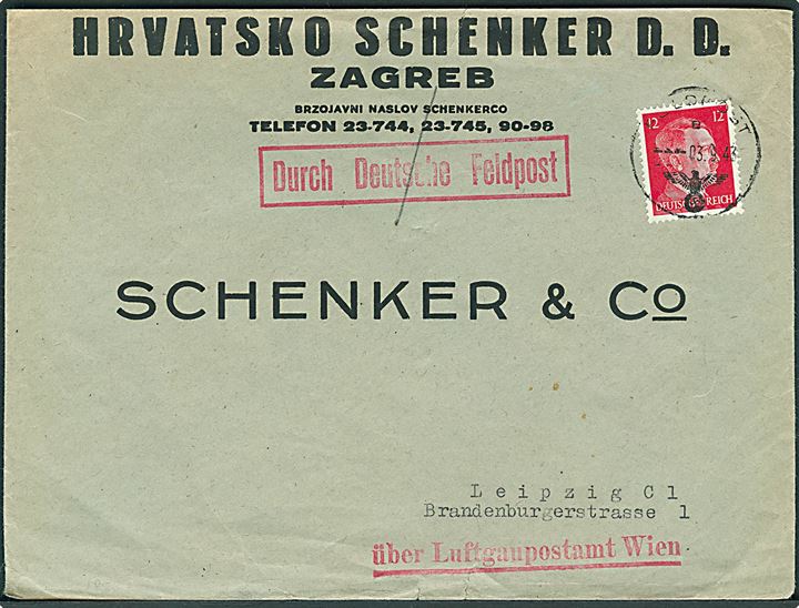 12 pfg. Hitler på brev fra Zagreb stemplet Feldpost d. 3.9.1943 til Leipzig, Tyskland. Rammestempel Durch Deutsche Feldpost.