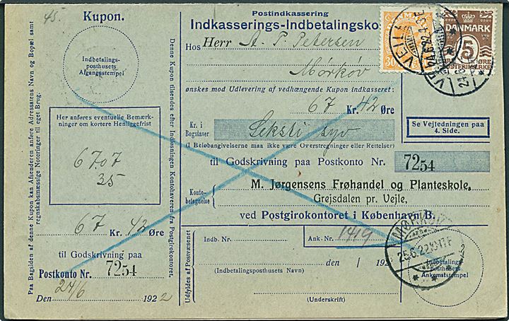 5 øre Bølgelinie og 30 øre Chr. X på retur Indkasserings-Indbetalingskort fra Veile d. 24.6.1922 til Mørkøv.