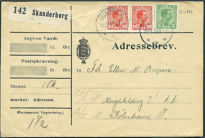 5 øre og 10 øre (2) Chr. X på adressebrev for pakke fra Skanderborg d. 28.6.1918 til København.