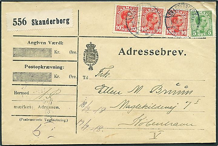 5 øre og 10 øre (3) Chr. X på adressebrev for pakke fra Skanderborg d. 18.9.1918 til Kjøbenhavn.