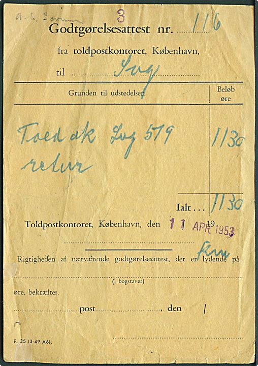 1 kr. Rigsvåben (11) og 30 øre Fr. IX stemplet Svendborg d. 13.4.1953 på bagsiden af Godtgørelsesattest formular F. 35 (3-49 A6) fra Toldpostkontoret.