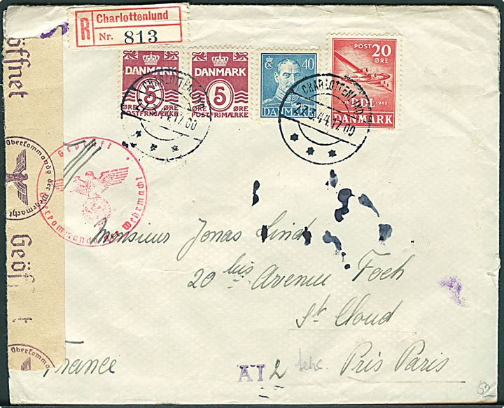 5 øre Bølgelinie (2), 40 øre Chr. X og 20 øre DDL på anbefalet brev fra Charlottenlund d. 27.3.1944 til St. Cloud, Frankrig. Åbnet af tysk censur i Hamburg.