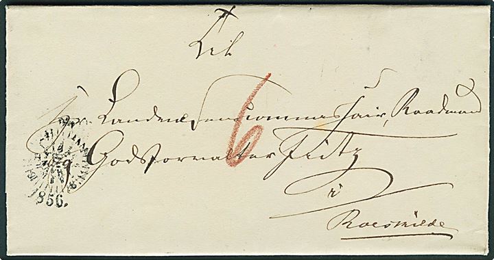1856. Ufrankeret portobrev fra Kjøbenhavns Raadhus med kompasstempel Kiøbenhavn d. 26.3.1856 til Roskilde. Påskrevet 6 sk. porto.