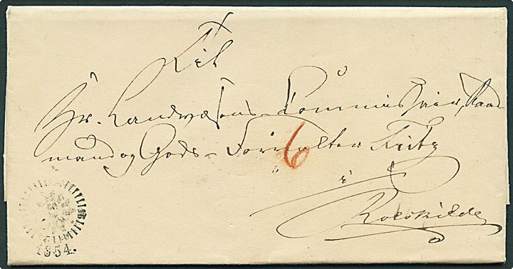 1854. Ufrankeret portobrev fra Kjøbenhavns Raadhus med kompasstempel Kiøbenhavn d. 6.3.1854 til Roskilde. Påskrevet 6 sk. porto.