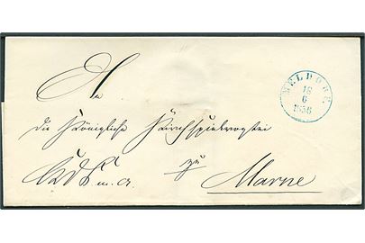 1856. Ufrankeret tjenestebrev med blåt antiqua Meldorf d. 18.6.1856 til Marne. 