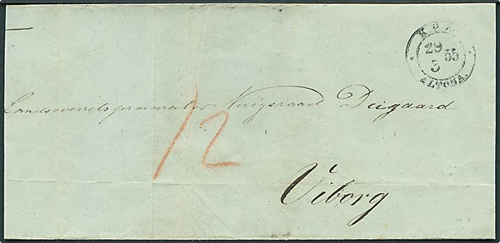 1855. Ufrankeret portobrev med antiqua K.P.A. Altona d. 29.3.1855 til Viborg. Påskrevet 12 sk. porto.