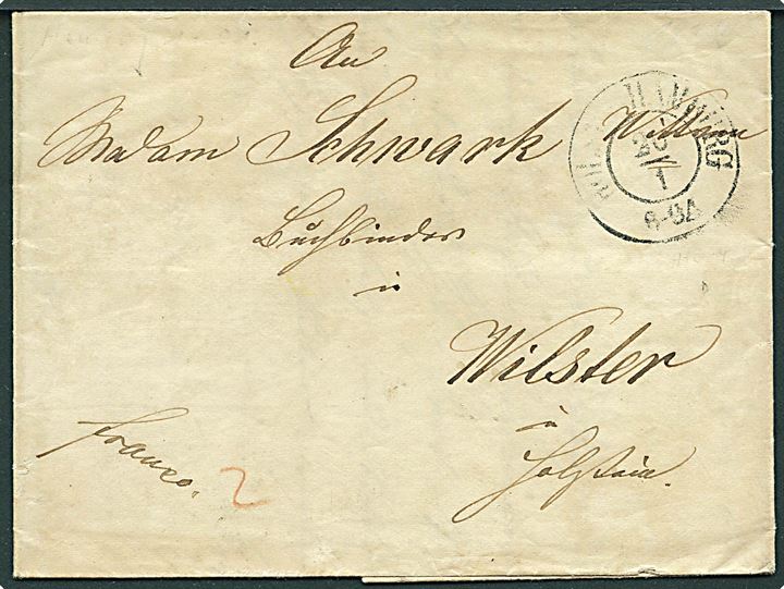 1852. Francobrev med oprørstempel Holst: P. Hamburg d. 26.1.1852 til Wilster. Fuldt indhold. Påskrevet 2 med rødkridt.
