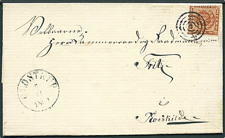 4 sk. 1858 udg. (tæt klippet) på brev dateret Hvissinge annulleret med stumt stempel og sidestemplet antiqua Glostrup 5.11.1860 til Roskilde. Fuldt indhold. 