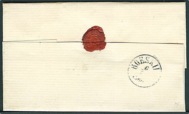 4 sk. 1858 udg. (tæt klippet) på brev dateret Hvissinge annulleret med stumt stempel og sidestemplet antiqua Glostrup 5.11.1860 til Roskilde. Fuldt indhold. 