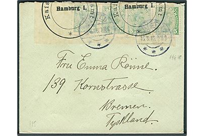 5 øre Chr. X (4) på brev fra Nysted d. 15.8.1916 til Bremen, Tyskland. Åbnet af tysk censur i Hamburg. Bagklap mgl.