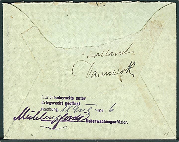 5 øre Chr. X (4) på brev fra Nysted d. 15.8.1916 til Bremen, Tyskland. Åbnet af tysk censur i Hamburg. Bagklap mgl.