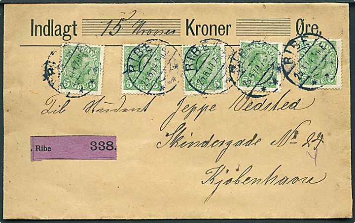 5 øre Chr. X (5) på værdibrev fra Ribe d. 26.6.1914 til Kjøbenhavn.