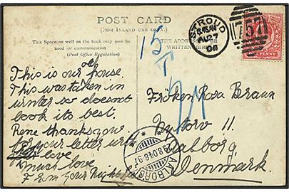 1 penny rød på postkort fra Stroud, England, d. 7.4.1904 til Aalborg. Sat i porto med 15 øre.