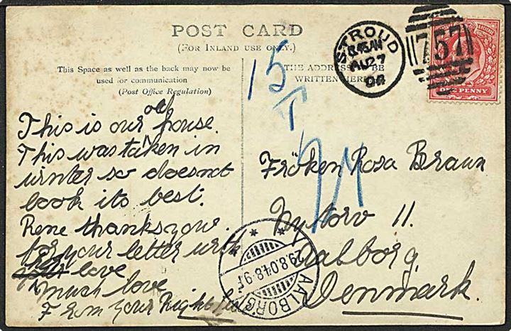 1 penny rød på postkort fra Stroud, England, d. 7.4.1904 til Aalborg. Sat i porto med 15 øre.