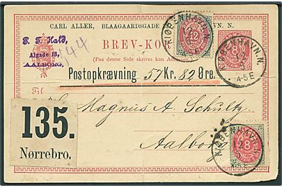 8 øre helsagsbrevkort (fold) opfrankeret med 8 øre (mgl. tak) og 12 øre Tofarvet og anvendt som adressekort for pakke fra Kiøbenhavn N. d. 12.9.1887 til Aalborg.