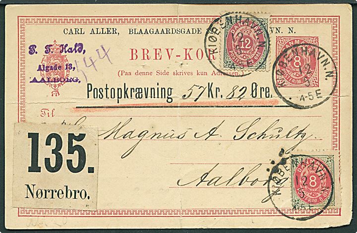 8 øre helsagsbrevkort (fold) opfrankeret med 8 øre (mgl. tak) og 12 øre Tofarvet og anvendt som adressekort for pakke fra Kiøbenhavn N. d. 12.9.1887 til Aalborg.