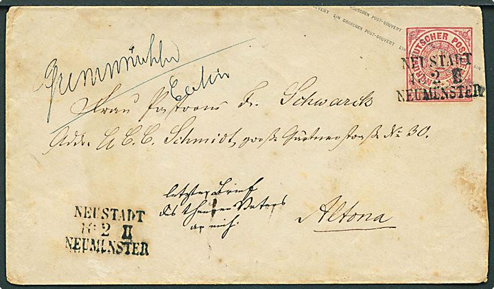 1 gr. helsagskuvert annulleret med bureaustempel Neustadt - Neumünster d- 16.2.187x og håndskrevet bynavn Eutin til Altona.