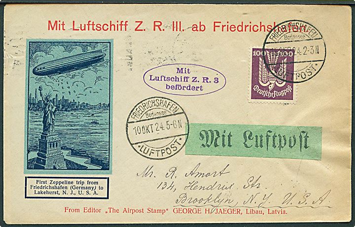 100 pfg. Luftpost på illustreret luftpostbrev fra Friedrichshafen d. 15.9.1924 med sidestempel Friedrichshafen d. 10.10.1924 til New York, USA. Ovalt flyvningsstempel: Mit Luftschiff Z.R.3 befördert. 