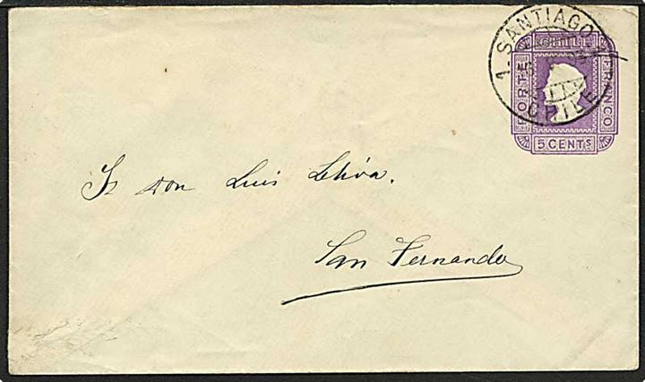 5 vent violet helsagskuvert fra Santiago, Chile, d. 6.5.1896 til San Fernando.