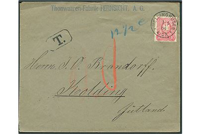 10 pfg. Adler single på underfrankeret brev fra Kellinghusen d. 1.5.1884 til Kolding, Danmark. Sort T stempel og udtakseret i porto.