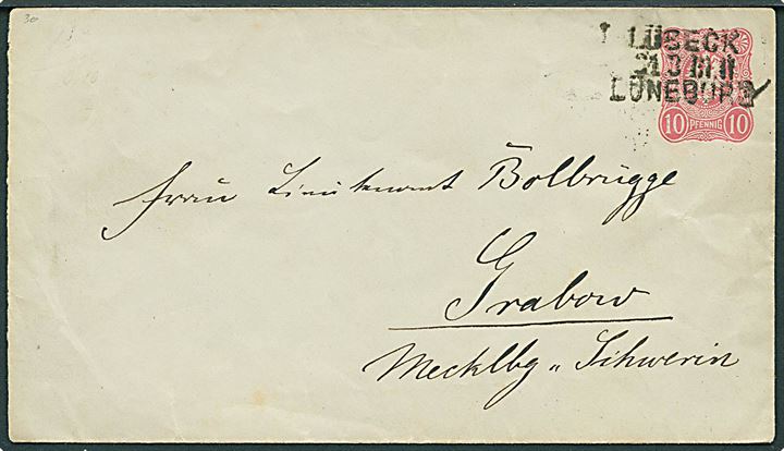 10 pfg. helsagskuvert annulleret med bureaustempel Lübeck - Lüneburg d. 21.2.1884 til Grabow.