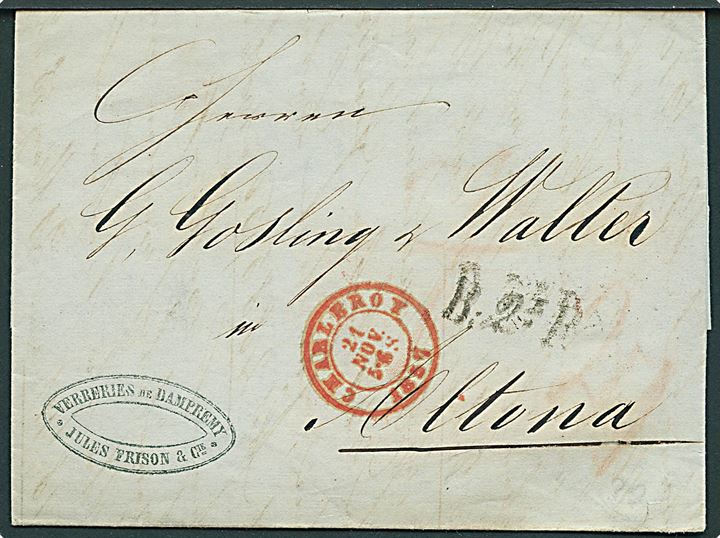 1857. Brev dateret Dampremy med rødt stempel Charleroy d. 21.11.1857 via K.D.O.P.A. Hamburg til Altona. Liniestempel: B.2e R.