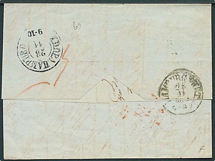 1857. Brev dateret Dampremy med rødt stempel Charleroy d. 21.11.1857 via K.D.O.P.A. Hamburg til Altona. Liniestempel: B.2e R.