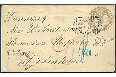 5 cents World Fair helsagskuvert fra New York d. 23.5.1895 til København, Danmark. Udtakseret i 40 øre dansk porto.