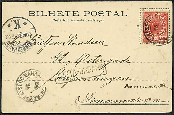 100 reis rød på postkort fra Brasilien d. 12.5.1903 til København.