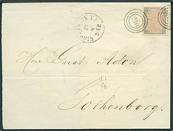 12 øre Tofarvet single på brev annulleret med nr.stempel 210 og sidestemplet antiqua Kiøbenhavn VB. d. 27-8-1877 til Göteborg, Sverige.