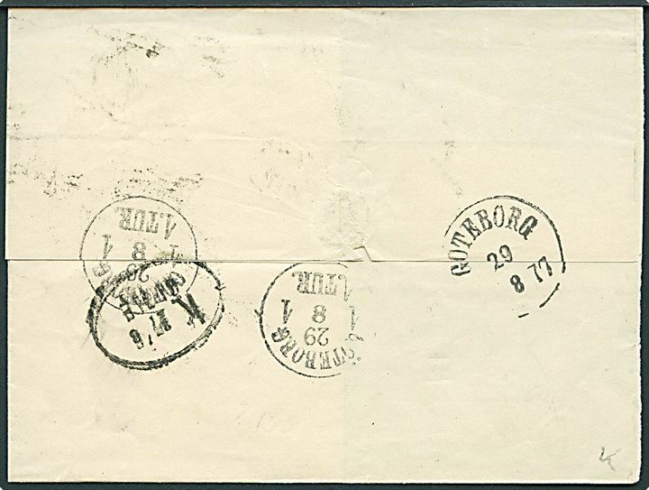 12 øre Tofarvet single på brev annulleret med nr.stempel 210 og sidestemplet antiqua Kiøbenhavn VB. d. 27-8-1877 til Göteborg, Sverige.