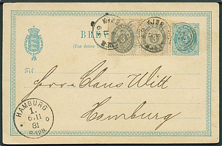 4 øre helsagsbrevkort opfrankeret med 3 øre Tofarvet i parstykke annulleret med kombineret nr.stempel 34/Kjøbenh. Baneg. d. 6.11.1881 til Hamburg, Tyskland.